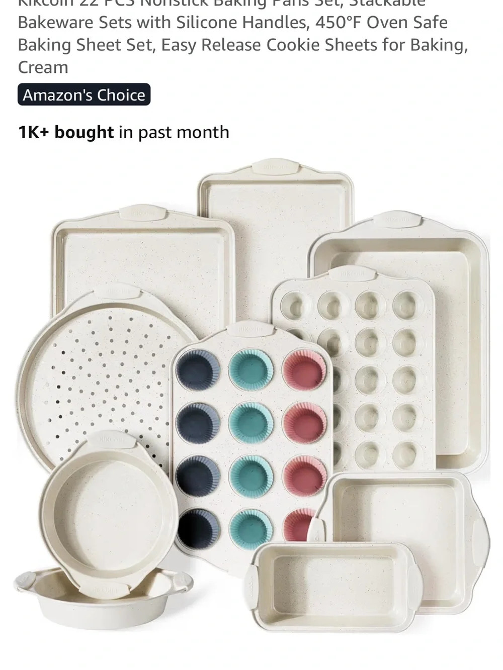 Amazon 22-Piece Nonstick Bakeware Set in Cream with Multicolor Silicone Liners